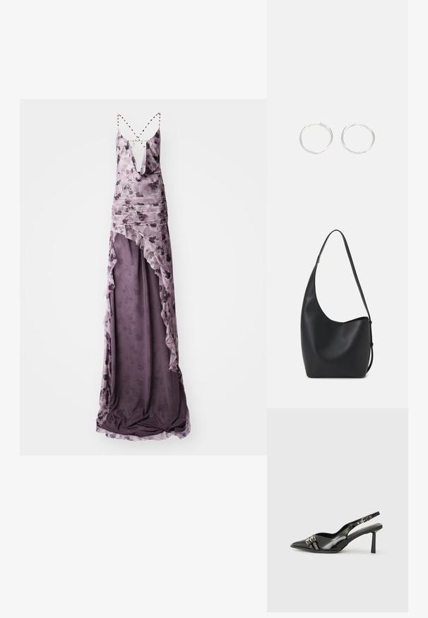 Rochie maxi florală violetă cu decolteu adânc în V și bretele criss-cross, prezentând volane suprapuse și o textură moale, fluidă.; Pantofii slingback din piele lăcuită neagră, cu vârf ascuțit, bretele pentru gleznă cu catarame și accesorii din argint, și un toc subțire.; Geantă hobo din piele neagră, cu o textură netedă, formă curbată și un singur bretele ajustabil; are o deschidere largă în partea de sus.; Cercei din argint cu un design elegant și rotund, având o suprafață netedă și fără embellismente vizibile. Diametrul nu este specificat.