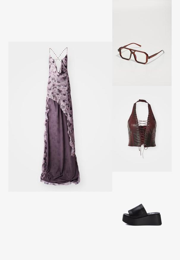 Purpurinė gėlėta maksi suknelė su giliu V formos kaklu ir kryžminėmis petnešomis, turinti sluoksniuotas volanėles ir minkštą, tekantį audinį.; Tamsiai raudonas odinis halter tipo viršus su priekiniais raišteliais, turintis metalinius akinius, prigludusią siluetą ir glotnią tekstūrą, siūlantis struktūrizuotą dizainą.; Juodos platformos šlepetės su lygiu odiniu viršumi, plačiu dirželiu ir masyviu guminiais padu, pasižyminčios matinio paviršiaus ir kontūruota forma.; Rudos permatomi dideli akiniai su stačiakampiais lęšiais ir plonomis kojelėmis. Sukraigti, šiek tiek apvalinti kampai ir matomi tvirtinimo akcentai.
