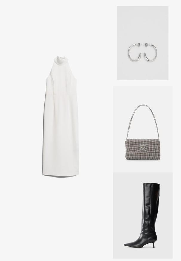 IVY OAK NOLAN - Koktajl obleka/za zabavo - schneeweiß; Črne usnjene škornje do kolen z ozkim nosom in vitkim, ukrivljenim peto. Gladka tekstura, prilegajoč dizajn in brez vidnih dodatkov ali vzorcev.; Svetlo siva kovinska torbica z verižnim ročajem, okrašena z majhnimi okroglimi kovinskimi bleščicami in trikotnim logotipom blagovne znamke.; Srebrne obročaste uhane z gladko, sijočo površino. Zaobljena oblika, lahka zasnova, z zapiranjem na zatič.
