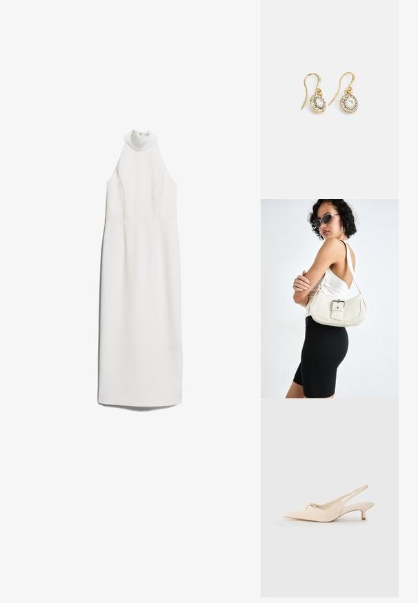 IVY OAK NOLAN biały; Sandały slingback z noskiem w kształcie szpica w off-white skórze, z małym detalem w postaci kokardki i niskim obcasem typu kitten heel. Gładka faktura, minimalistyczny design.; Biała skórzana torebka o zaokrąglonym kształcie, z regulowanym paskiem i małym detalem z klamrą. Modelka ma na sobie dopasowany czarny strój.; Złote kolczyki z owalnymi przezroczystymi kryształami otoczonymi mniejszymi przezroczystymi kamieniami, z zapięciem w formie haka zapewniającym bezpieczne noszenie.