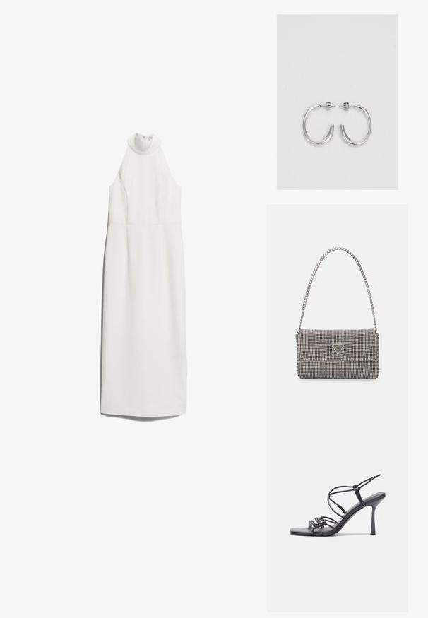 IVY OAK NOLAN biały; Czarne sandały na wysokim obcasie mają cienkie paski z węzłowym wzorem, gładki, kwadratowy czubek i smukły obcas w stylu szpilki.; Jasnoszara metaliczna torebka na łańcuszku, ozdobiona małymi okrągłymi metalowymi ćwiekami oraz trójkątnym logo marki.; Srebrne kolczyki na biglu o gładkim, błyszczącym wykończeniu. O zaokrąglonym kształcie, lekkim designie, z zamknięciem na zatrzask.