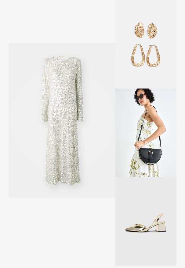 Rochie cu mânecă lungă, până la podea, confecționată din paete argintii strălucitoare, având un decolteu rotund și un detaliu cu funda la spate.; Pantofi cu toc slingback metalici aurii, cu vârf ascuțit și toc chunky. Textură netedă, design minimalist și o curea subțire.; Geantă din piele neagră, cu o formă curbată, curea detașabilă și accesorii aurii. Geanta are un capac cu un detaliu tip cataramă.; Cercei aurii cu forme texturate și ondulate. Include studs sculpturale cu clip și un design de cerc deschis cu un finisaj cioplit.