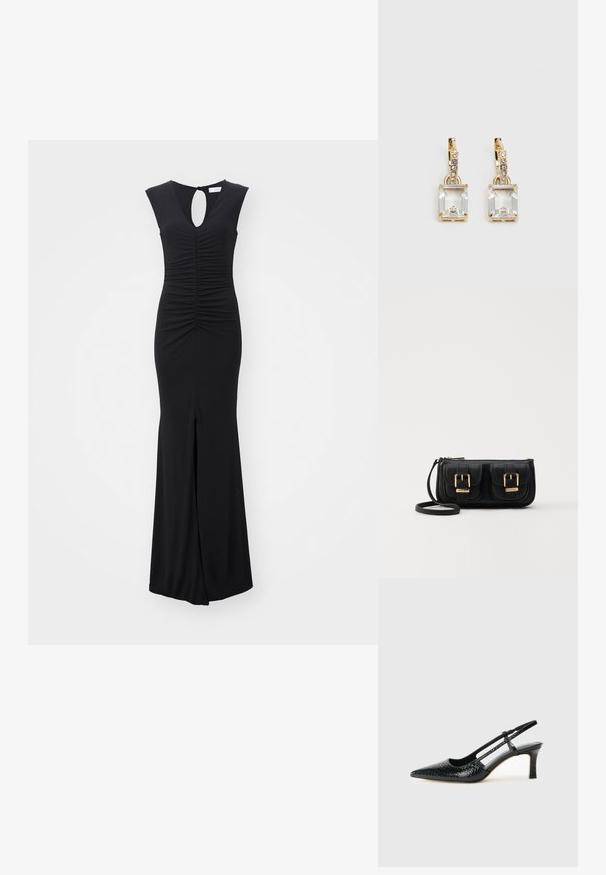 Fekete ruha sima, testhez simuló kialakítással. Kulcslyuk hátkivágással, ráncolt mellrésszel és hasítékkal a szegélyen rendelkezik. Kényelmes, rugalmas anyagból készült.; Fekete lakk slingback sarok, hegyes orral, texturált kígyómintával, állítható pánttal és rövid, texturált tömbsarkal.; Fekete bőr keresztbody táska két elülső zsebbel, arany csattokkal, cipzáras záródással és vékony pánttal. Textúrált felület és kompakt téglalap alak.; Aranyszínű fülbevalók, melyek egy téglalap alakú, tiszta kristállyal díszítették, ami egy sor kis, kerek, tiszta kiegészítő alatt lóg. Letisztult, modern dizájn.