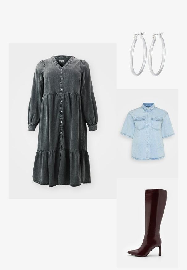 ONLY Carmakoma CARAVRIL DRESS - Džinsa auduma kleita - dark grey denim; Gai zils džinsa krekls ar īsām piedurknēm, ar divām priekšējām kabatām un rotāts ar mazām sudraba pīrsingiem visā. ; Even&Odd Zābaki - dark red; Sudraba riņķveida auss gredzeni ar gludu, pulētu apdari. Apaļa forma un drošs klikšķa augšējais slēgums. Viegls dizains, kas piemērots ikdienas valkāšanai.