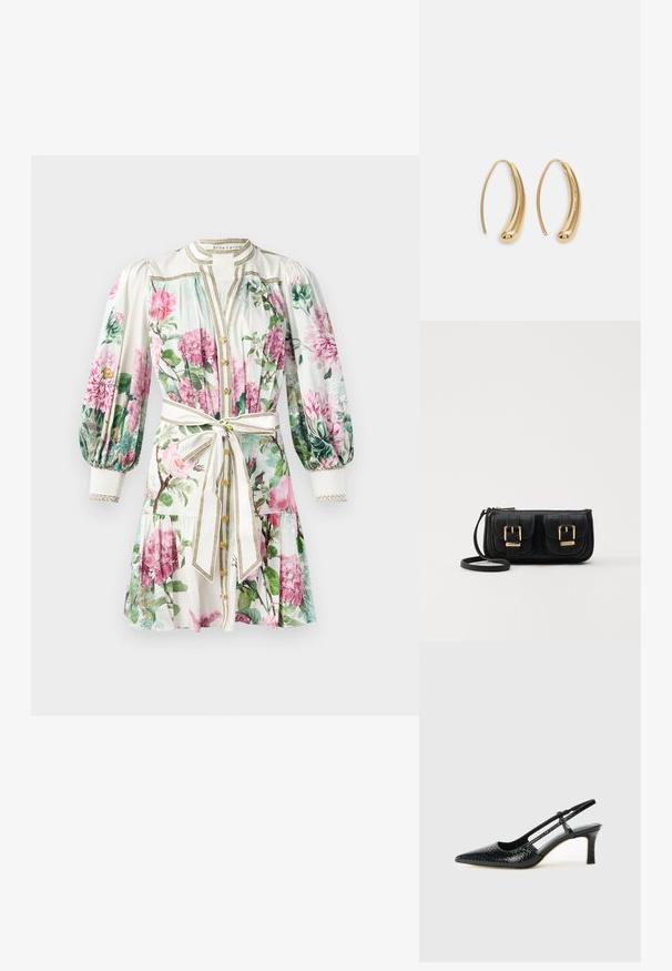 Gėlių suknelė su rožinėmis ir žaliomis raštais, balta baze, pūkuotomis rankovėmis, auksiniais akcentais, mygtukų uždarymu ir surišta juosmens juosta.; Juodai lakuoti slingback aukštakulniai su smailiu nosiu, su tekstūruotu gyvatės raštu, reguliuojama juosta ir trumpu, tekstūruotu blokiniu kulnu.; Juodas odinis per petį nešiojamas krepšys su dviem priekiniais kišenėmis, auksiniais sagtimis, užtrauktuko uždarymu ir siauromis petnešomis. Textūruota paviršius ir kompaktiškas stačiakampis formatas.; Auksinės metalinės auskarų kabės su lenktą, pailgą forma. Turi lygų, blizgantį paviršių ir užapvalintą galiuką papildomam akcentui.