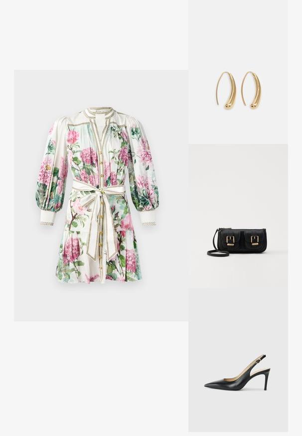 Květinové šaty s růžovými a zelenými vzory, bílé základní barvy, s nařasenými rukávy, zlatými akcenty, zapínáním na knoflíky a páskem uvázaným v pase.; Černé kožené lodičky na podpatku s špičatou špičkou, nastavitelným páskem a elegantním jehlovým podpatkem, vyznačující se hladkým povrchem.; Černá kožená crossbody taška se dvěma předními kapsami, zlatými přezkami, zipovým uzávěrem a štíhlým popruhem. Texturovaný povrch a kompaktní obdélníkový tvar.; Náušnice ve tvaru kruhu z pozlaceného kovu s vroubkovaným, prodlouženým tvarem. Mají hladký, lesklý povrch a zaoblený konec pro zvýraznění detailu.