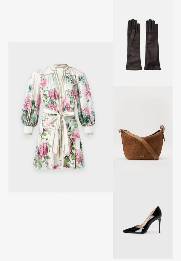 Gėlių suknelė su rožinėmis ir žaliomis raštais, balta baze, pūkuotomis rankovėmis, auksiniais akcentais, mygtukų uždarymu ir surišta juosmens juosta.; Juodas lakinės odos aukštakulnis batelis su smailiu priekiu ir elegantiška siluetu. Pasižymi lygiu, blizgiu paviršiumi ir siauru stiletto kulnu.; Ruda suedes pečių rankinė su išsiuvinėtu gėlės dizainu, papildyta lygiu ruduo odos diržu ir auksinės spalvos detalėmis.; Weekend Max Mara SENAPE - Pirštinės - nero