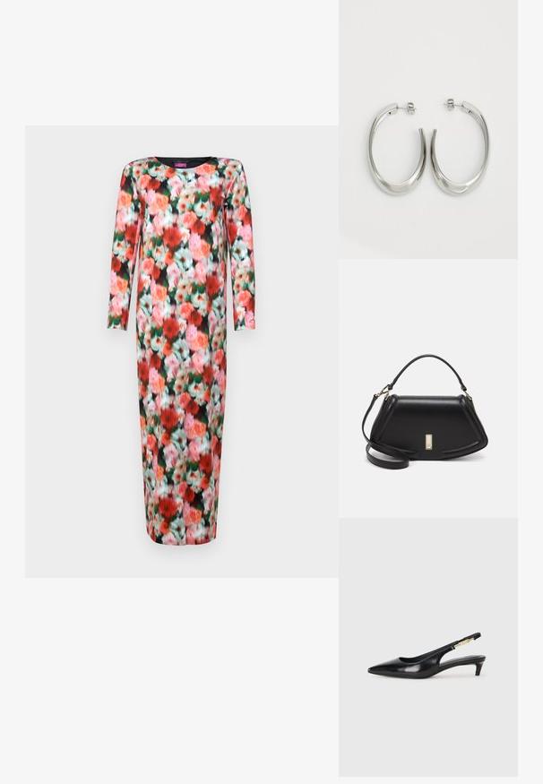 Floral print long dress featuring a round neck, long sleeves, and a fitted silhouette. Colors include pink, red, and green against a black background.; Black leather slingback heels with a pointed toe, featuring a slim heel and a gold-tone accent on the adjustable strap. Smooth texture.; Black leather handbag with a structured design, featuring a cropped shape, top handle, and gold hardware accent. Adjustable shoulder strap included.; Silver hoop earrings with a smooth, curved design. Features a shiny metallic finish and stud closure. No visible patterns or accents.
