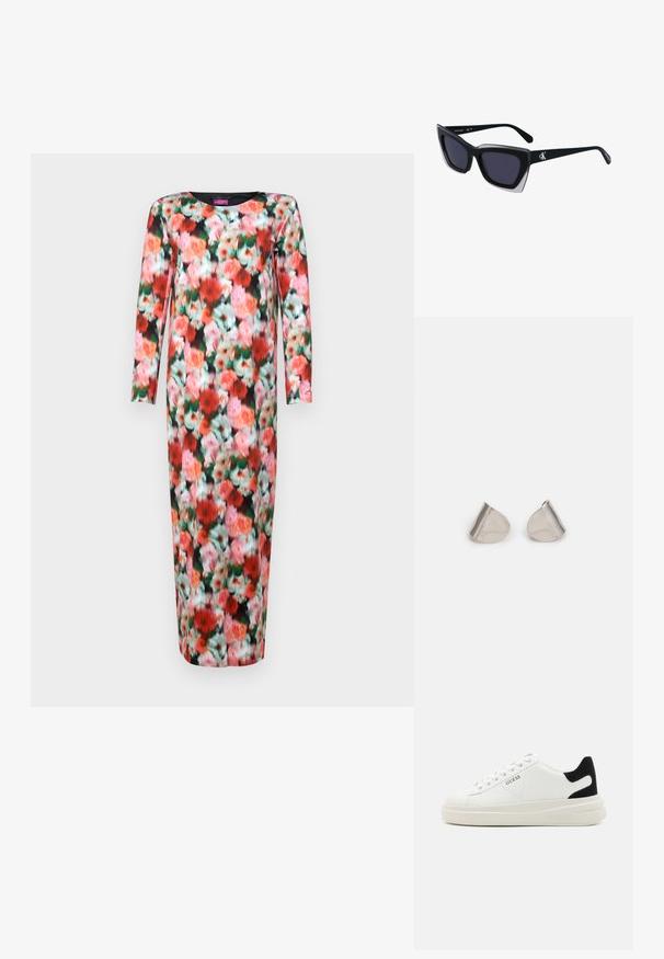 Dolga obleka s cvetličnim vzorcem, ki ima okroglo ovratnik, dolge rokave in prilegajoč kroj. Barve vključujejo roza, rdečo in zeleno na črni podlagi.; Bele usnjene športne copate z debelim belim podplatom, črnimi semišnimi detajli na peti in utisnjenim logotipom na strani. Zavezovanje s šestimi luknjicami.; Črne prevelike sončne očala geometrijske oblike, z temnimi lečami in kontrastno sivo podrobnostjo na okvirju. Logo na ročaju.; Srebrne uhane z gladko, kapljično obliko in poliranim finishem. Nežna graviranja dodajajo detajle. Minimalističen dizajn.
