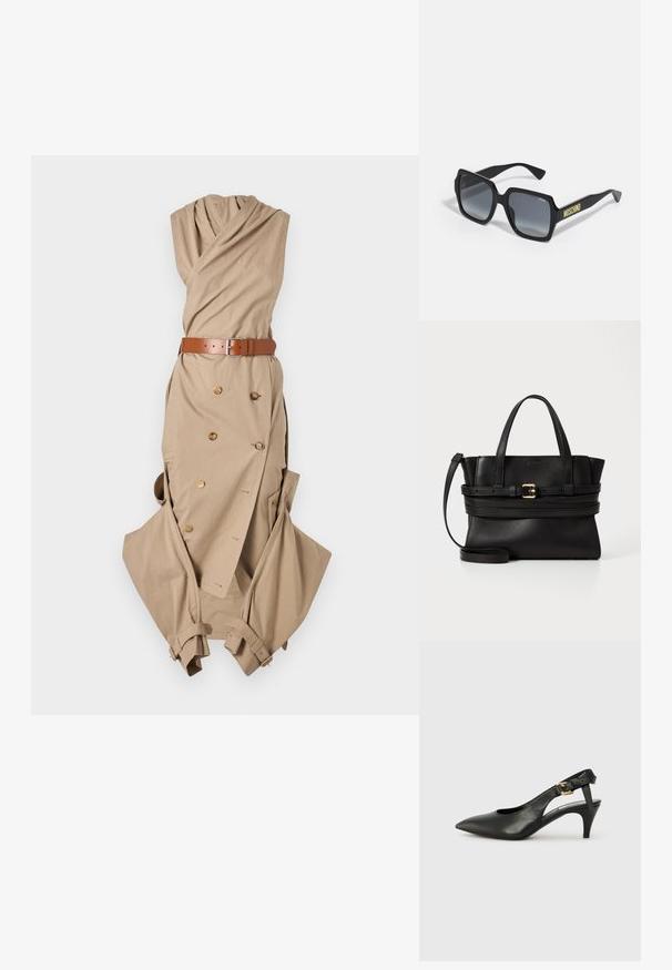 Béžové zavinovací šaty s nabíraným výstřihem, pásem se stříbrnou sponou, dvojitým knoflíkovým detailem a volnými rukávy.; Černé kožené lodičky se slingback, špičatou špičkou, malým podpatkem a detailem s přezkou na pásku kolem kotníku. Hladká textura, minimalistický design.; Černé sluneční brýle ve tvaru čtverce s gradientními šedými skly; mají jemné detaily a žluté logo "MOSCHINO" na ramínku.; Černá kožená kabelka se strukturovaným designem, dvojitými horními uchy, odnímatelným popruhem a zlatým zdobením na horizontálním pásku.