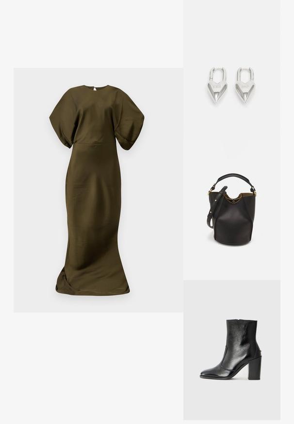 Olíva zöld, földig érő ruha sima, selyemhez hasonló textúrával. Széles ujjaival és kerek nyakkivágásával rendelkezik, hátul diszkrét cipzárral záródik.; Fekete bőr bokacipő sima textúrával, hegyes orral és vastag, magas sarkával. Oldalnyílással és minimalista dizájnnal rendelkezik.; Fekete bőr vödör táska texturált felülettel, arany hardware részletekkel és nyitott tetejével. Rövid fogantyúval és állítható vállpánttal rendelkezik.; Ezüst szív alakú lakatok, amelyeken vésett "IGEN" és "NEM" feliratok találhatók, polírozott felület, szimmetrikus kialakítás és robusztus fémcsat.