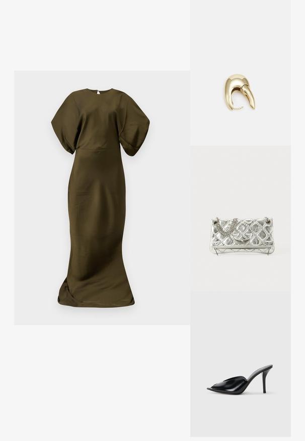 Robe olive, longueur sol, avec une texture lisse et satinée. Présente de larges manches et un col rond, avec une fermeture éclair discrète au dos.; Mules à talons hauts en cuir noir, avec un design à bout ouvert, pointu, texture lisse et un fin talon aiguille.; Sac à main en métal argenté avec une poignée en chaîne, texture matelassée, couture décorative et fermeture éclair. Présente des accents embossés sur le devant.; Boucle d'oreille en métal doré avec un design élégant et courbé. Présente une forme conique distinctive, une surface polie et une fermeture à charnière.