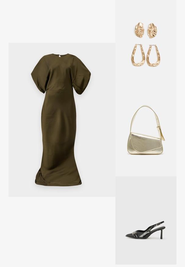 Alyvuogių žalios spalvos, grindis siekianti suknelė, pasižyminti glotnia, satino tipo tekstūra. Turi plačias rankoves ir apvalų iškirpimą, o gale yra nematomas užtrauktukas.; Juodas lakuotas odinis batelis su smailiu pirštu, kulkšnies dirželiais su sidabrinėmis sagtimis ir detalėmis, bei plonu kulnu.; Aukso metalinės rankinės su struktūrizuotu dizainu, lygaus paviršiaus ir reguliuojama dirželiu. Pasižymi unikaliu trikampiu pavidalu ir minimalizmu siuvinėjime.; Auksinės auskarai, turintys tekstūruotus, bangų formos elementus. Įeina skulptūriniai segami auskarai ir atviri lankai su išmuštu paviršiumi.