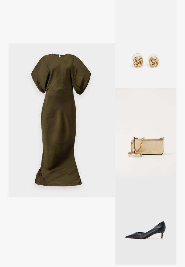 Olivegrünes, knöchellanges Kleid mit einer glatten, satinähnlichen Textur. Verfügt überweite Ärmel und einen runden Ausschnitt, mit einem dezenten Reißverschluss im Rücken.; Schwarzer Pumps aus Leder mit spitzer Zehenpartie und niedrigem Absatz. Verfügt über eine glatte Textur und dezenten Glanz. Vordere Öffnung für ein zusätzliches Detail.; Metallisch goldene Leder-Clutch mit strukturierter Oberfläche, ausgestattet mit einem goldenen Kettenriemen und einem abnehmbaren Schulterriemen. Markenlogo geprägt.; Goldfarbene Ohrstecker mit Knoten in gedrehter Ausführung. Jeder Ohrstecker verfügt über eine runde, transparente Rückseite für sicheren Halt.