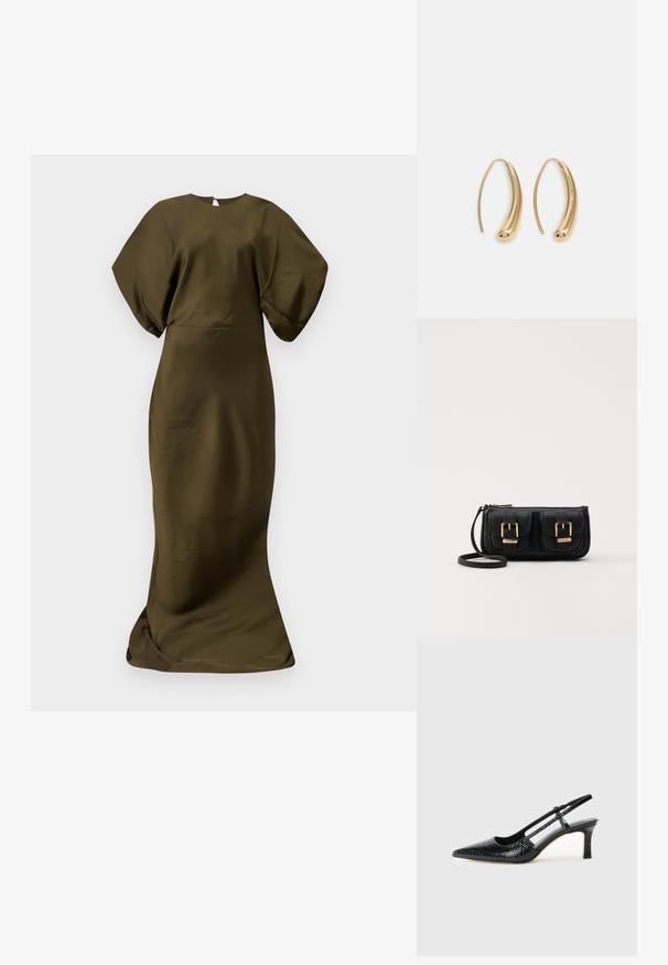 Olijfgroene, vloerlange jurk met een gladde, satijnachtige textuur. Heeft brede mouwen en een ronde halslijn, met een discrete achterrits.; Zwart patent slingback hak met een spitse neus, voorzien van een gestructureerde slangenprint, verstelbare band en een korte, gestructureerde blokhak.; Zwarte leren schoudertas met twee vo pockets, gouden gespen, ritsluiting en een smalle band. Tekstuur oppervlak en compacte rechthoekige vorm.; Gouden metalen oorbellen in de vorm van een gebogen, verlengde hoop. Kenmerkend zijn het gladde, glanzende oppervlak en de afgeronde punt voor extra detail.