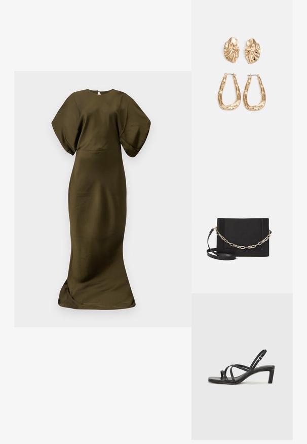 Oliivinvihreä, lattiaan asti ulottuva mekko, jossa on sileä, satiinimainen pinta. Mekossa on leveät hihat ja pyöreä pääntie, sekä huomaamaton takakuvio.; Mustat hihnalligat, joissa on neliön muotoinen kärki ja matala lohkokorko. Ominaisuuksiin kuuluu useita ohuita hihnoja ja säädettävä nilkkahihna. Valmistettu sileästä nahasta.; Musta nahkainen olkalaukku, jossa on sileä pinta, suorakulmainen muoto ja metalliketju yksityiskohtana edessä. Mukana säädettävä hihna.; Korukultainen korvakorut, joissa on teksturoituja, aaltoilevia muotoja. Mukana on veistokselliset klipsikorvakorut ja avoin rengasmalli, jossa on vasaroitu pinta.