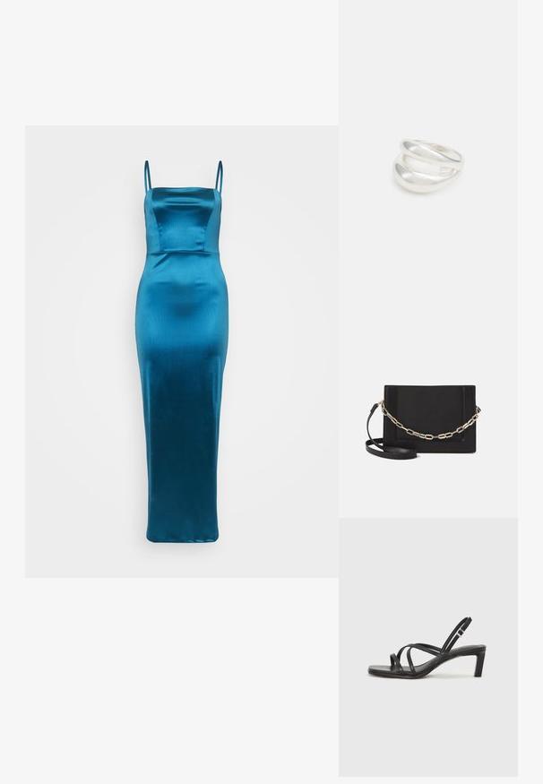 Satin teal obleka z tankimi naramnicami, prilegajočim korzetom in dolgim, ravnim krilom. Gladka tekstura z rahlim sijajem.; Črne natikače s trakovi in kvadratnim prstom ter nizkim blokastim peto. Imajo več tankih trakov in nastavljiv trak okoli gležnja. Narejene so iz gladkega usnja.; Črna usnjena torba čez ramo z gladko teksturo, pravokotno obliko in kovinskim verižnim detajlom spredaj. Vključena je nastavljiva naramnica.; Srebrn dvojni prstan z gladko, polirano površino. Ima tekoč, ukrivljen dizajn z prekrivajočimi se sekcijami za sodoben videz.