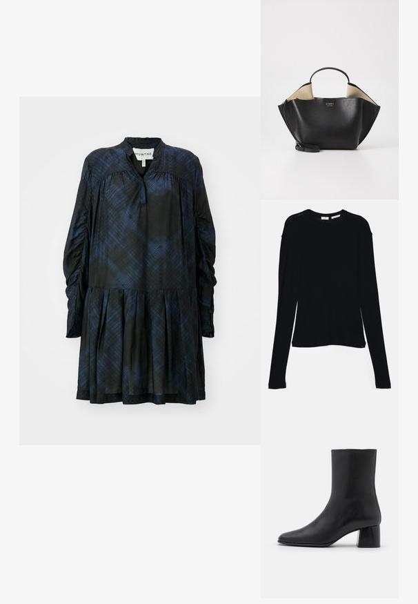 Fekete és kék kockás ruha magas gallérral, hosszú gyűrt ujjal, pliszírozott szoknyával és gombos záródással a csuklón. Sima szövet textura.; Fekete, hosszú ujjú felső, puha szövetből készült, kerek nyakkivágással és laza szabással, az alján oldalhasítékokkal a mozgás könnyítése érdekében.; Fekete bőr bokacsizma hegyes orral és vastag, négyzet alakú sarokkal. Simább felület, mondanivaló nélküli dizájn és minimalista varrás.; Ree Projects ANN TOTE MINI - Kézitáska - black