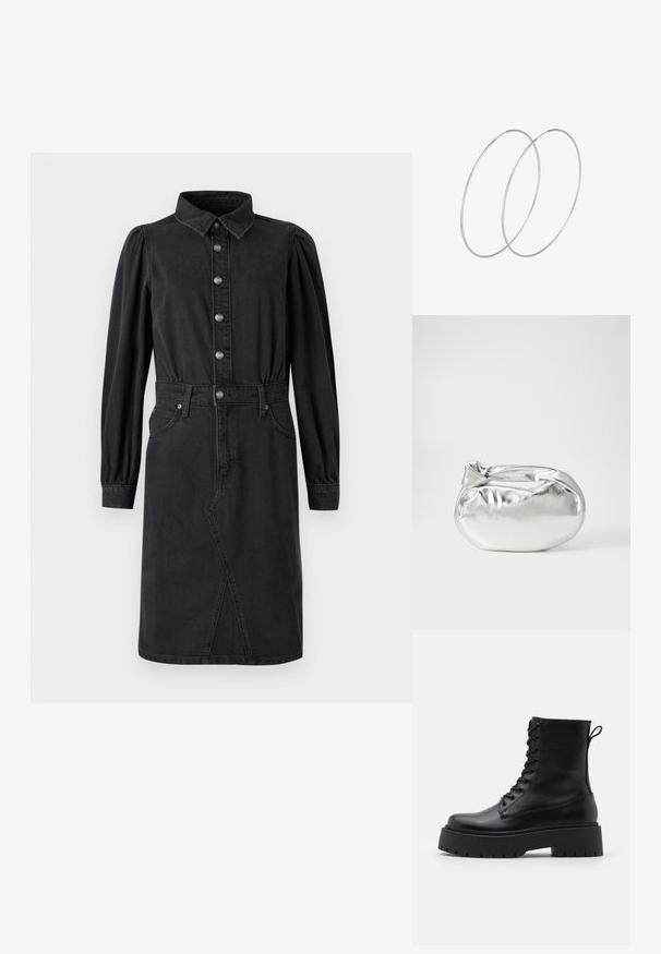 Mustat farkkukangaasimekko, jossa on napitettava etuosa, terävä kaulus, joustava vyötärö, pitkät puffihihat ja kaksi sivutaskua.; Musta nahkainen nilkkureita, joissa on pyöreä kärki, nauhakiinnitys edessä ja paksu kumipohja, jossa on teksturoitu pinta. Takana vetotappi.; Hopeapintainen metallinen pussilaukku, jolla on pehmeä, pyöreä muoto ja solmittava yläosa. Valmistettu sileästä tekonahkamateriaalista.; Hopehope hopeilla, joissa on minimalistinen muotoilu. Pyöreä muoto, sileä pinta ja ohut profiili. Kevyet ja kiillotetut.