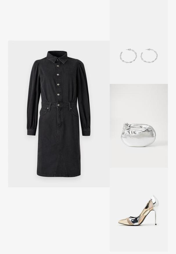 Abito in denim nero con bottoni frontali, colletto a punta, vita elastica, maniche lunghe a sbuffo e due tasche laterali.; Scarpa con tacco alto a punta, con una combinazione di colori argento, oro e nudo. Finitura lucida con design a ritaglio, con tacco a stiletto.; Borsa a pochette metallica argentea con una forma morbida e arrotondata e chiusura superiore annodata. Realizzata in materiale sintetico morbido.; Orecchini a cerchio in argento con un design torciglionato, caratterizzati da una finitura lucida e chiusura a perno. Misurano circa 3 cm di diametro.
