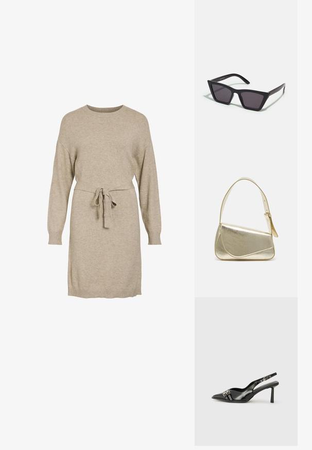Vestido de malha bege com mangas longas, decote redondo e um cinto amarrado na cintura. Apresenta punhos e bainha canelados para um contraste de textura.; Sapato slingback preto em pele patentada com bico apontado, tiras no tornozelo apresentando fivelas e acessórios prateados, e um salto elegante.; Óculos de sol pretos, angulares, com lentes cinzas; feitos de plástico, apresentando hastes grossas com uma superfície lisa e sem hardware visível.; Bolsa de mão metálica dourada com um design estruturado, textura suave e alça ajustável. Apresenta uma forma triangular única e costura minimalista.