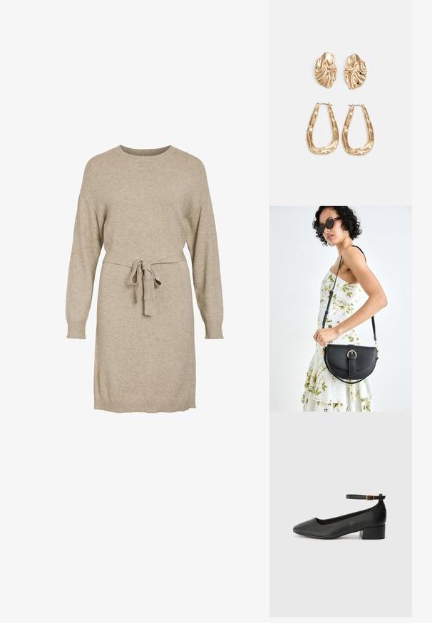 Vestido de malha bege com mangas longas, decote redondo e um cinto amarrado na cintura. Apresenta punhos e bainha canelados para um contraste de textura.; Sandal de pele preta com bico pontiagudo e um salto bloco baixo. Apresenta uma tira no tornozelo com uma fivela em tom dourado. Textura suave.; Bolsa de couro preta com forma curva, alça destacável e detalhes em dourado. A bolsa possui uma aba com detalhe de fivela.; Brincos em tom de ouro com formas onduladas e texturizadas. Inclui studs escultóricos com presilha e um design de argola aberta com um acabamento martelado.