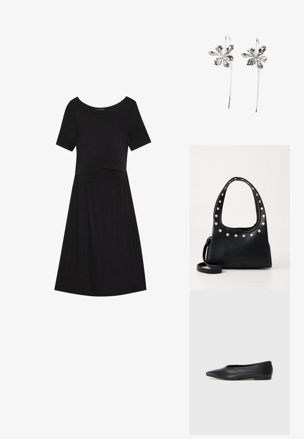 Svart kortermet kjole med rund halslinning, med et tettsittende liv og en utsvingt skjørtdel, laget av et mykt, elastisk stoff.; Sorte lærballerina med spiss tå, minimalistisk design, glatt tekstur, lav hæl uten synlig metall eller dekorasjoner.; Svart teksturert skinnhåndveske med sølvfargede nagler langs toppkanten og håndtakene, med et kort håndtak og en avtagbar stropp.; Sølvblomstformede ørevipper med en teksturfinish, der har lange kroker og kronbladlignende detaljer for et intrikat design.