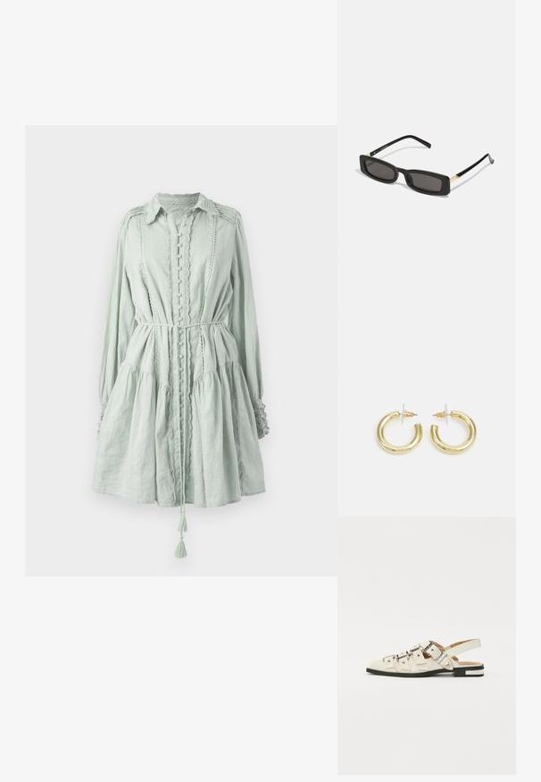 Gaiši zaļš, garām piedurknēm tērps, kas izgatavots no faktūras auduma. Iekļauj pogu aizdari, viļņotu apakšmalu un sasienamu jostasvietu ar piekariņiem.; Baleta sandalītes baltā ādā ar vairākiem platām siksnām un sudraba sprādzēm; plakana zole ar mazu melnu papēdi un metalizētām akcentiem.; Melnas taisnstūra saulesbrilles ar tumšiem objektīviem, spīdīgām plastikāta rāmēm un zelta akcentiem tempļos. Minimalistisks dizains un eleganta forma.; Zelta auskari ar gludu, spīdīgu apdari. Apaļš dizains, kas ietver mazu tapu un caurspīdīgu pamatni drošai valkāšanai.