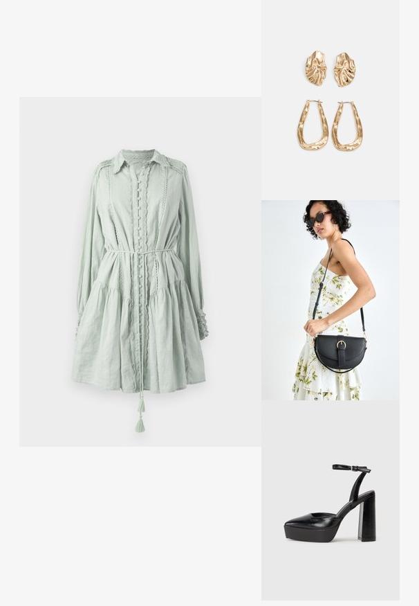 Rochie verde deschis, cu mâneci lungi, dintr-un material texturat. Are închideri cu nasturi, tiv pufos și un cordon la talie cu accente de ciucuri.; Pantofi cu toc platformă negri, cu vârful ascuțit și curea reglabilă la gleznă. Confecționați din piele netedă, având un toc gros.; Geantă din piele neagră, cu o formă curbată, curea detașabilă și accesorii aurii. Geanta are un capac cu un detaliu tip cataramă.; Cercei aurii cu forme texturate și ondulate. Include studs sculpturale cu clip și un design de cerc deschis cu un finisaj cioplit.