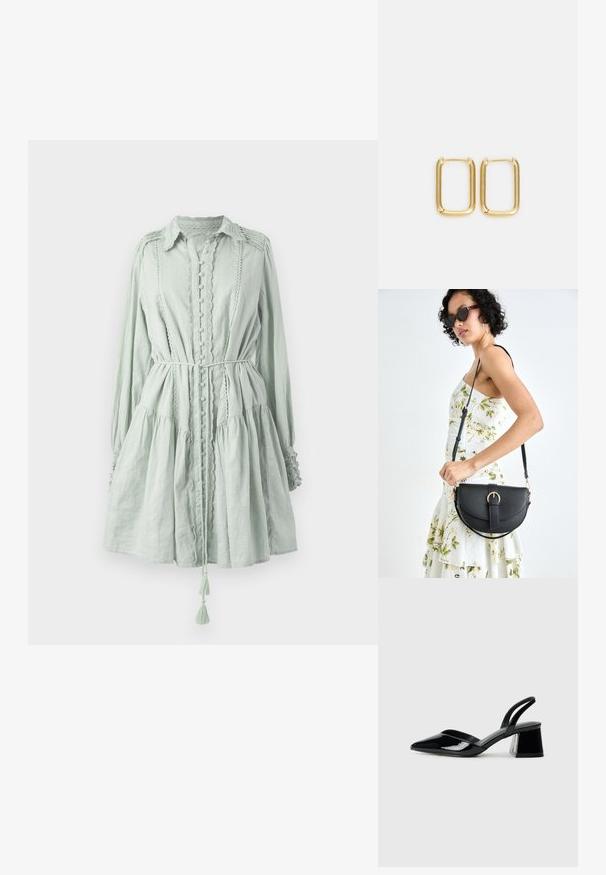 Lysegrønn, langermet kjole laget av teksturert stoff. Har knappelukking, volangkant og snor i midjen med frynseakenter.; Svarte patentlær slingback hæler med spiss tå og geometrisk blokk hæl. Har et stilrent, minimalistisk design og jevn tekstur.; Svart lærveske med en buet form, avtagbar stropp og gullbeslag. Vesken har et klaff med spenne-detall.; Gullmetal sirkler i form av kvadrat med glatte kanter og en polert finish som reflekterer lys med en blank overflate.