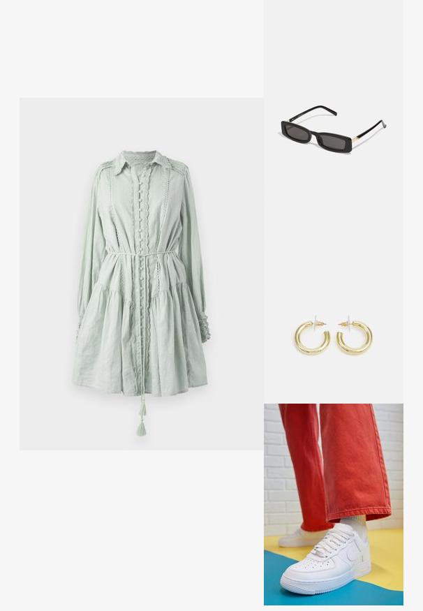 Világoszöld, hosszú ujjú ruha texturált anyagból. Gombos záródással, fodros szegéllyel és zsinóros derékkal, kifli díszítéssel.; Fehér bőr edzőcipő perforált orral, texturált talppal és fehér fűzővel, széles vörös nadrággal párosítva, kék és sárga háttérrel.; Fekete téglalap alakú napszemüveg sötét lencsékkel, fényes műanyag kerettel, arany díszítéssel az temples. Minimalista design és elegáns forma.; Arany fülbevalók sima, fényes felülettel. Kör alakú dizájn, amely kis kapoccsal és átlátszó tartozékkal rendelkezik a biztonságos viselés érdekében.