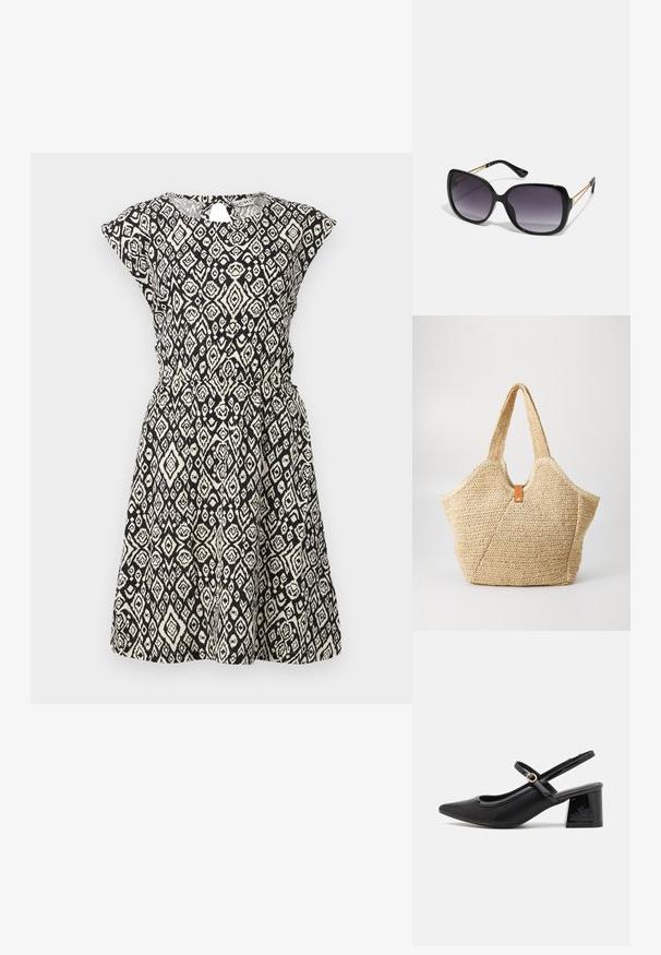 Must mustriga mustre ja kreemikas riietus, millel on mugav lõige, lühikesed kapuutsiga varrukad, ümmargune kaelus ja vöödetail talje juures. Omab geomeetrilist mustrit.; Mustad läikivad nahast slingback-kõrged kontsad, millel on terav nina, ümar lõikekujundus ja blokknina. Omab kuldset nupu aktsenti.; Mustad ümarad päikeseglaasid, millel on gradient objektiivid, paksud raamid ja kuldse tooni kettaga kaunistused tempelitel.; Suur õlgkott, millel on tekstureeritud beež välimus ja kaks laia sang. Omab nahast kaunistusrihma sulgemiseks.