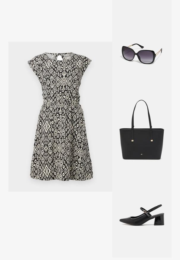 Must mustriga mustre ja kreemikas riietus, millel on mugav lõige, lühikesed kapuutsiga varrukad, ümmargune kaelus ja vöödetail talje juures. Omab geomeetrilist mustrit.; Mustad läikivad nahast slingback-kõrged kontsad, millel on terav nina, ümar lõikekujundus ja blokknina. Omab kuldset nupu aktsenti.; Mustad ümarad päikeseglaasid, millel on gradient objektiivid, paksud raamid ja kuldse tooni kettaga kaunistused tempelitel.; Must musträkk, mis on valmistatud sünteetilisest materjalist, lihtsa ristkülikukujulise disainiga, kuldsete ruudukujuliste rõhutustega ja kahe käepidemega.