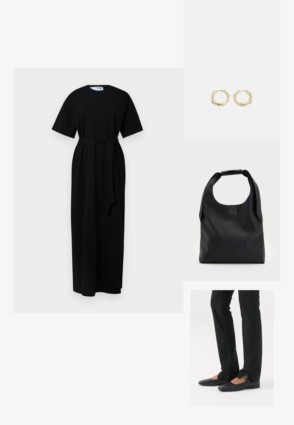 Svart maxiklänning med korta ärmar, rund halsringning, midjeband och sidofickor. Tillverkad av mjukt, texturerat tyg.; Svarta läderballetskor med spetsig tå, rem med silverspänne, kombinerade med svarta skräddarsydda byxor med slitsar i fållen.; Svart läderhandväska med en stor öppen topp och en enkel axelrem. Mjuk textur, minimalistisk design, med subtila metallaccenter.; Guldörhängen i form av ringar med en texturerad, oregelbunden form. Har en sömlös stängning och en polerad yta som betonar en modern design.