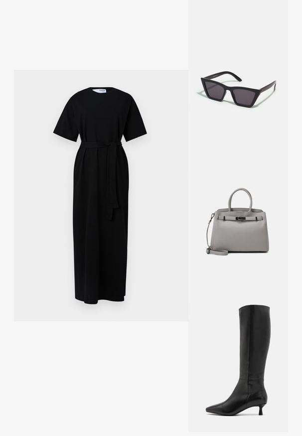 Svart maxiklänning med korta ärmar, rund halsringning, midjeband och sidofickor. Tillverkad av mjukt, texturerat tyg.; Zign Stövel - black; Svarta, vinklade solglasögon med grå linser; tillverkade av plast, med tjocka skalmar med en slät yta och utan synlig hårdvara.; Grå läderhandväska med dubbla handtag, ett avtagbart rem, slät textur och en metallisk spänne framtill. Rundad form och minimalistisk design.