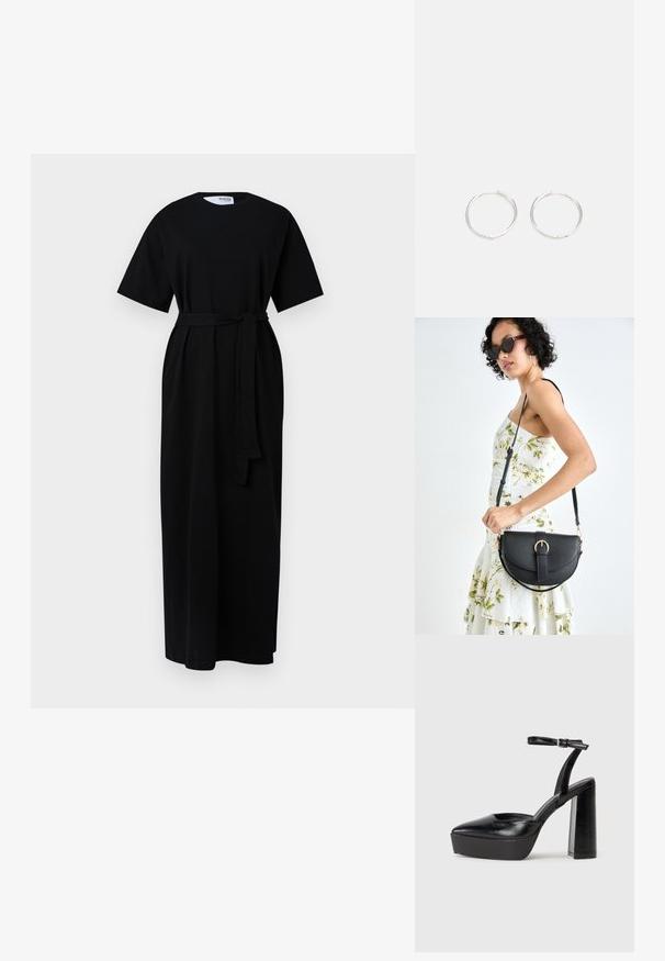 Robe maxi noire à manches courtes, décolleté rond, ceinture à nouer à la taille et poches latérales. Fabriquée en tissu doux et texturé.; Escarpins noirs à plateforme avec un bout pointu et une sangle réglable à la cheville. Conçus en cuir lisse, avec un large talon bloc.; Sac à main en cuir noir avec une forme courbée, bandoulière amovible et des accessoires en or. Le sac est doté d'un rabat avec un détail de boucle.; Boucles d'oreilles en argent avec un design rond et épuré, présentant une surface lisse et sans embellissements visibles. Diamètre non spécifié.