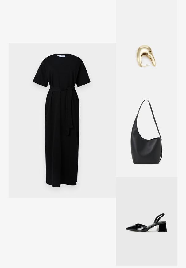 Rochie maxi neagră cu mâneci scurte, guler rotund, curea la talie și buzunare laterale. Fabricată dintr-un material moale, texturat.; Pantofi cu toc slingback din piele lacuită neagră, cu vârf ascuțit și toc geometric. Prezintă un design elegant, minimalist și o textură netedă.; Geantă hobo din piele neagră, cu o textură netedă, formă curbată și un singur bretele ajustabil; are o deschidere largă în partea de sus.; Cercei din metal de culoare aurie cu un design elegant și curbat. Prezintă o formă distinctivă, ascuțită, o suprafață lustruită și un sistem de închidere cu balama.