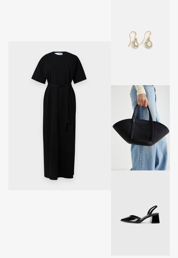 Czarna maxi sukienka z krótkimi rękawami, okrągłym dekoltem, paskiem do przewiązania w talii i bocznymi kieszeniami. Wykonana z miękkiego, teksturowanego materiału.; Czarne lakierowane półbuty na obcasie z wydłużonym noskiem i geometrycznym słupkiem. Charakteryzują się eleganckim, minimalistycznym designem oraz gładką fakturą.; Czarna skórzana torebka w unikalnym kształcie wachlarza, z płaskimi uchwytami. Powierzchnia ma fakturę kamyków i minimalistyczny design.; Złote kolczyki z owalnymi przezroczystymi kryształami otoczonymi mniejszymi przezroczystymi kamieniami, z zapięciem w formie haka zapewniającym bezpieczne noszenie.