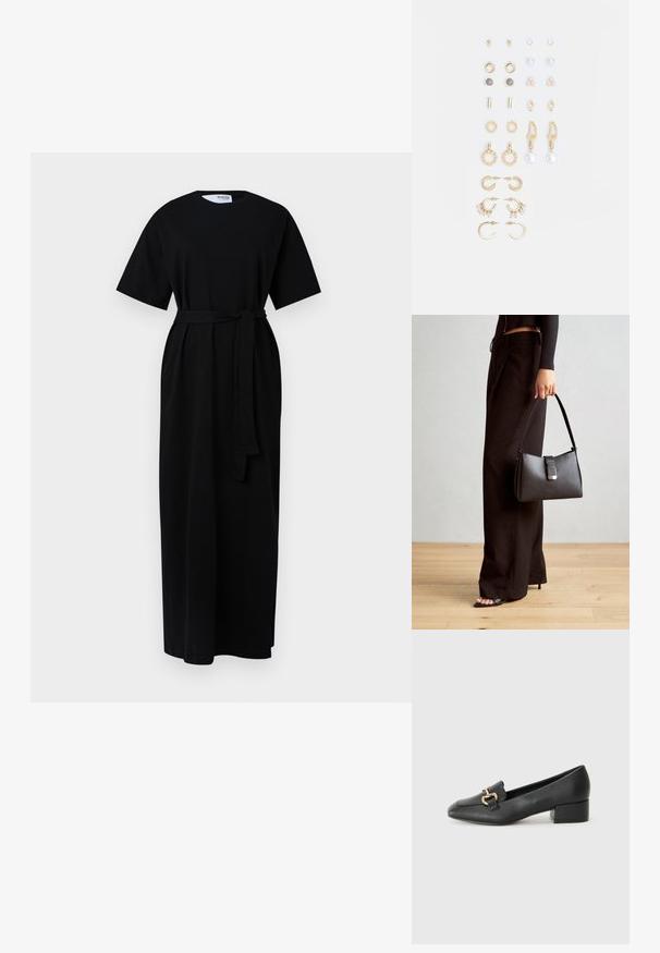 Rochie maxi neagră cu mâneci scurte, guler rotund, curea la talie și buzunare laterale. Fabricată dintr-un material moale, texturat.; Loaferi negri din piele, cu toc plat, având un detaliu decorativ din hardware auriu în față și o textură netedă.; Genți negre cu o formă structurată, textură netedă și un închizător metalic. Asortată cu pantaloni negri largi și sandale cu vârf deschis pe un podea din lemn.; Set de cercei aurii, cu diverse designuri, inclusiv cercei tip stud, cercei hoop și cercei lungi cu perle și strassuri.