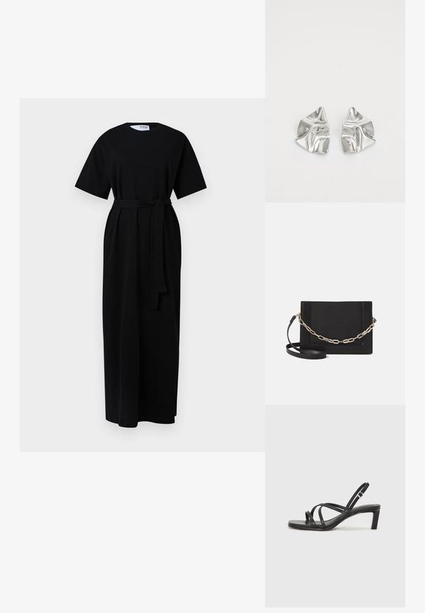 Juodas maksi suknelė trumpomis rankovėmis, apvalia iškirpte, juosmens diržu ir šoninėmis kišenėmis. Pagaminta iš minkštos, tekstūruotos medžiagos.; Juodi šlepetės su kvadratiniu pirštu ir žemu bloku kulnu. Yra keli ploni dirželiai ir reguliuojamas kulkšnies diržas. Pagaminti iš lygios odos.; Juodas odinis per petį nešiojamas krepšys turi lygų paviršių, stačiakampio formą ir metalinę grandinėlę priekyje. Pridedama reguliuojama dirželis.; Sidabriniai metaliniai Auskarai su banginiu, skulptūriniu dizainu, pasižymintys poliruotu paviršiumi ir nereguliariomis formomis, išryškinančiomis šiuolaikišką estetiką.