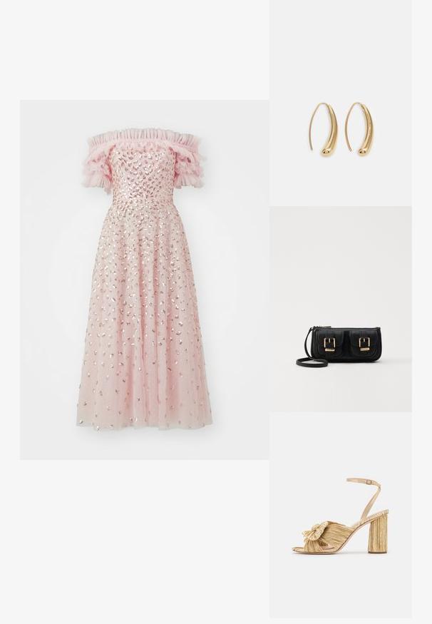 Needle & Thread AUTUMN LEAVES OFF SHOULDER BALLERINA DRESS - Gallakjole - dusk pink/caramel; Guldhælede sandaler med en knyttet front, plisseret tekstur og en ankelrem. Blokhælen har et ribbet design, der forbedrer grebet.; Sort læder crossbody taske med to frontlommer, guldspænder, lynlåslukning og en slank rem. Struktureret overflade og kompakt rektangulær form.; Guldfarvede metal hoops øreringe med en bøjet, forlænget form. Har en glat, skinnende overflade og en afrundet spids for ekstra detalje.