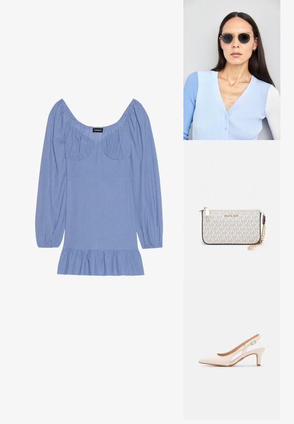 Sininen tekstuurilla varustettu paita, jossa on pitkät puffihihat, leveä kaula-aukko ja röyhelöreuna. Olkapäissä ja rinnoissa on kerättyjä yksityiskohtia.; Valkoinen slingback-korkokenkä, jossa on terävä kärki, sileä päällismateriaali, matala lohkokorko ja sivuaukko-design säädettävällä soljella.; Pyöreät aurinkolasit, joissa on tummat linssit ja kultaiset kehykset. Mallilla on päällään vaaleansininen, ribatusta materiaalista valmistettu neuletakki, jossa on napit ja kontrastiväriset valkoiset hihat.; Michael Kors kääröbeige pinnoitettua kangasta, jossa on toistuva MK-logo -kuvio, kultaiset yksityiskohdat ja irrotettava ketjuhihna.