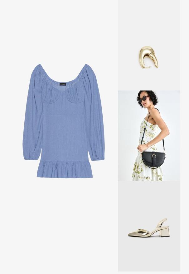 Niebieska bluzka o teksturze, z długimi bufiastymi rękawami, szerokim dekoltem i falbanianym dołem. Posiada marszczenia na ramionach i w okolicy biustu.; Złote, metaliczne szpilki z boku z wydłużonym noskiem i grubym obcasem. Gładka faktura, minimalistyczny design i wąski pasek.; Czarna skórzana torebka o zakrzywionym kształcie, z odpinanym paskiem i złotymi akcentami. Torebka posiada klapę z zapięciem w kształcie klamry.; Złote metalowe kolczyki o eleganckim, zakrzywionym kształcie. Posiadają charakterystyczny szpiczasty kształt, polerowaną powierzchnię oraz zapięcie na zawias.