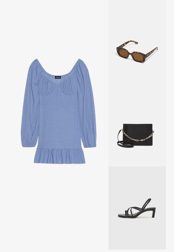 Kék textúrájú blúz hosszú puffujjakkal, széles dekoltázzsal és fodros alsó résszel. A vállak és a mellek környékén gyűrt díszítések találhatók.; Fekete pántos szandál négyzetes orral és alacsony blokk sarkal. Több vékony pánttal és állítható boka pánttal rendelkezik. Sima bőrből készült.; Teknősbéka mintázatú napszemüveg kerek, vastag kerettel és barna lencsékkel. Finom mintázattal és egyenes, keskenyedő szárakkal rendelkezik.; Fekete bőr keresztpántos táska, sima textúrával, téglalap alakú és fém lánc részlettel az elején. Állítható pánttal ellátva.