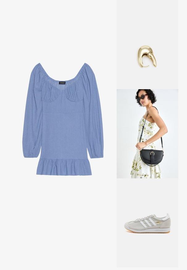 Kék textúrájú blúz hosszú puffujjakkal, széles dekoltázzsal és fodros alsó résszel. A vállak és a mellek környékén gyűrt díszítések találhatók.; Világosszürke sportcipő velúr és hálós anyagból, három fehér csíkkal, kerek orral és gumi talppal. Arany logó dísz a fűzők közelében.; Fekete bőrtáska ívelt formával, levehető pánttal és arany színű fémrészekkel. A táskán egy csattal díszített fedél található.; Aranyszínű fém fülbevaló, elegáns, ívelt formával. Különleges hegyes alak, fényes felszín és zsanéros záródás jellemzi.