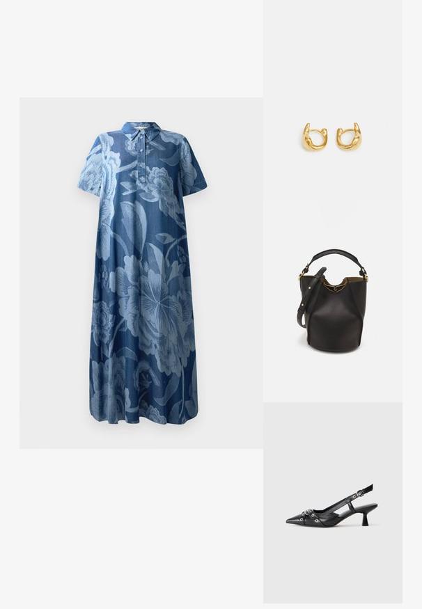 Denimkleit lühikeste varrukatega, helesinise lillemustriga ning kraega. Omab nööbistust ja lahedat, voolavat lõiget.; Must must have must toote tõmblukuga, dekoratiivsed rihmad metallist silmadega ja madal blokk-kand. Tekstureeritud pind.; Mustast nahkämbriga kott tekstuurses viimistluses, kuldsete metalldetailide aktsentidega ja avatud ülaosaga. Omab lühikest käepidet ja reguleeritavat õlavarre rihma.; Kuldsete rõngaste kõrvarõngad, millel on sile, ümar disain ja poleeritud pind. Kõrvarõngad on kompaktsed, suurte vormide ja sujuva klambriga.