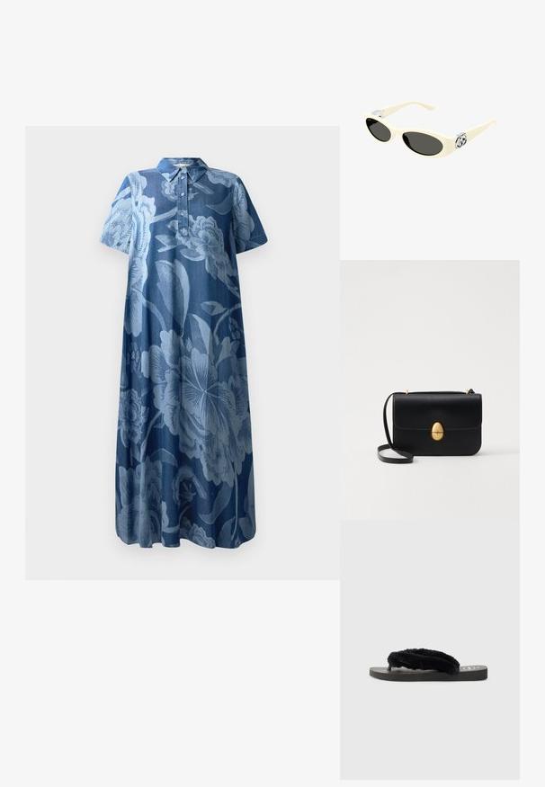 Džínové šaty s krátkymi rukávmi, kvetinový vzor v svetlom modrom odtieni a golier. Majú gombíkový zapínací placket a voľný, splývavý strih.; Čierne šľapky s dvoma mäkkými, chundelatými popruhmi, plochou gumovou podrážkou a textúrovanou stielkou pre lepšiu priľnavosť. Jednoduchý dizajn v monochromatickej farebnej schéme.; Krémové slnečné okuliare s oválnymi šošovkami, čiernym zafarbením a kovovými logovými akcentmi na spánkoch. Hladká textúra, dizajn v štýle mačacích očí.; Čierna kožená kabelka so štruktúrovaným obdĺžnikovým tvarom. Obsahuje zlaté oválne zapínanie a tenký ramenný popruh. Hladká textura.
