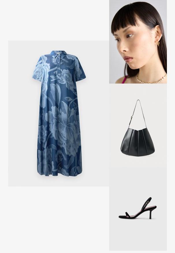 Džinsinė suknelė trumpomis rankovėmis, šviesiai mėlyna gėlių raštais, su apykakle. Turi mygtukų užsegimą ir laisvą, plazdančią formą.; Juodas zomšinis moteriškas aukštakulnis sandalai su plonais dirželiais ir auksine sagtimi ant balto fono, šoninis vaizdas.; Juodas odinis peties krepšys su raukšlėtu dizainu, lygia tekstūra, viena juosta ir subtiliu auksiniu akcentu.; Auksinė įvorės auskaras, dėvimas dešinėje ausyje, su atviru dizainu. Modelis turi tiesius tamsius plaukus ir minimalų makiažą.