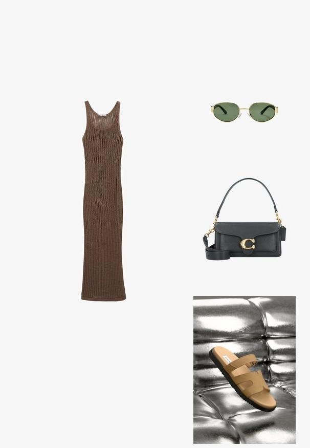 Hnedé háčkované bezrukávové šaty s priliehavým strihom, ktoré majú otvorenú tkaninu a okrúhly výstrih.; Hnedé plážové sandále s dvoma širokými popruhmi s výrezmi, hladkým koženým vrchom a textúrovanou čiernou gumovou podrážkou, vystavené na metalickom pozadí.; Slnko zlatohnedých kovových rámových okuliarov s zelenými tónovanými sklami, oválnym tvarom, čiernymi stranami a priehľadnými nosnými podložkami. Čistý, minimalistický dizajn.; Čierna kožená kabelka s akcentmi zlatého hardvéru, s podpisovým zapínaním, odnímateľným ramenným popruhom a štruktúrovaným povrchom.