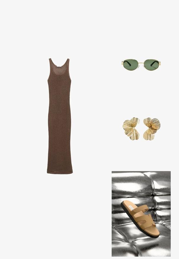 Braunes gehäkeltes ärmelloses Kleid mit einer taillierten Silhouette, das eine offen gewebte Textur und einen runden Ausschnitt aufweist.; Tan Slide-Sandalen mit zwei breiten Riemen mit Ausschnitten, einem glatten Lederoberteil und einer strukturierten schwarzen Gummisohle, vor einem metallischen Hintergrund präsentiert.; Sonnenbrille mit goldfarbenem Metallrahmen, grünen getönten Gläsern, ovaler Form, schwarzen Bügeln und klaren Nasenpads. Sauberes, minimalistisches Design.; Goldfarbene blumenförmige Ohrringe mit geschichteten Blütenblättern, die eine strukturierte Oberfläche und ein zentrales Perlendetail aufweisen.